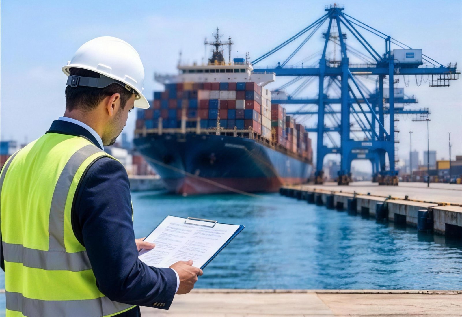 موظف ميناء يراجع مستندات التخليص في محطة حاويات